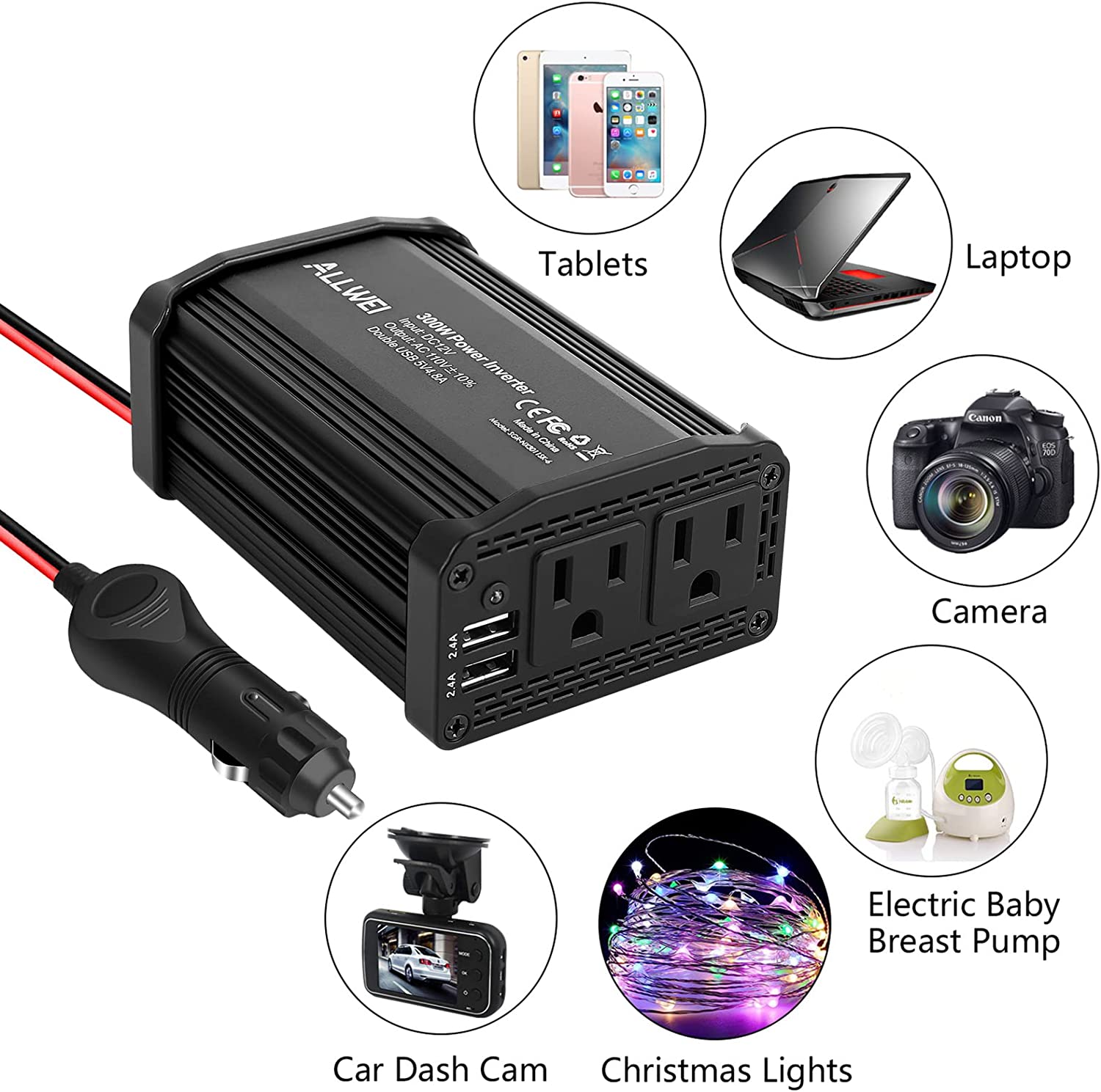 ALLWEI 300W Power Inverter Car DC 12V to 110V AC Converter 4.8A Dual USB Charging Ports Car Charger Adapter (Black)