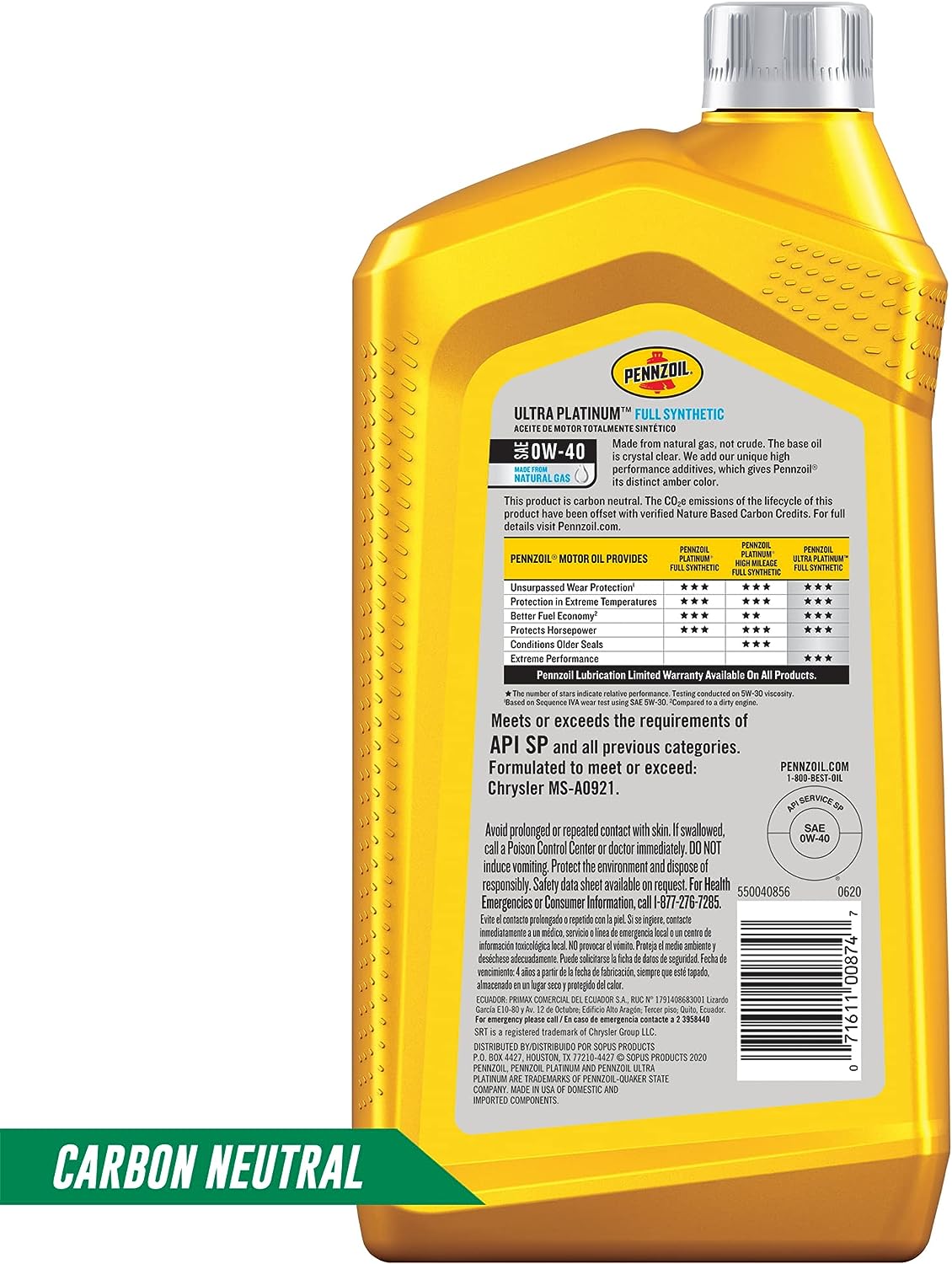 Pennzoil Ultra Platinum Full Synthetic 0W-40 Motor Oil (1 Quart. Case of 6)