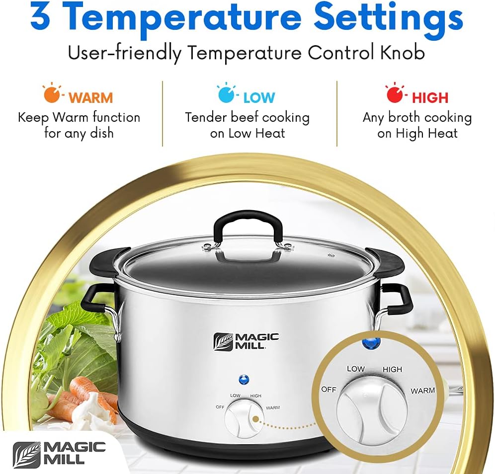 Magic Mill Extra Large 10 Quart Slow Cooker With Metal Searing Pot & Transparent Tempered Glass Lid Multipurpose Lightweight Slow Cookers. Pot is Safe to Put the On the Flame. Dishwasher Safe