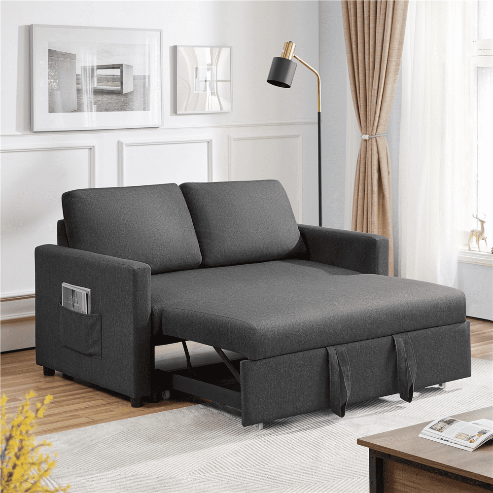 Alden Design Linen Loveseat Sofa with Pull-Out Trundle Bed. Dark Gray
