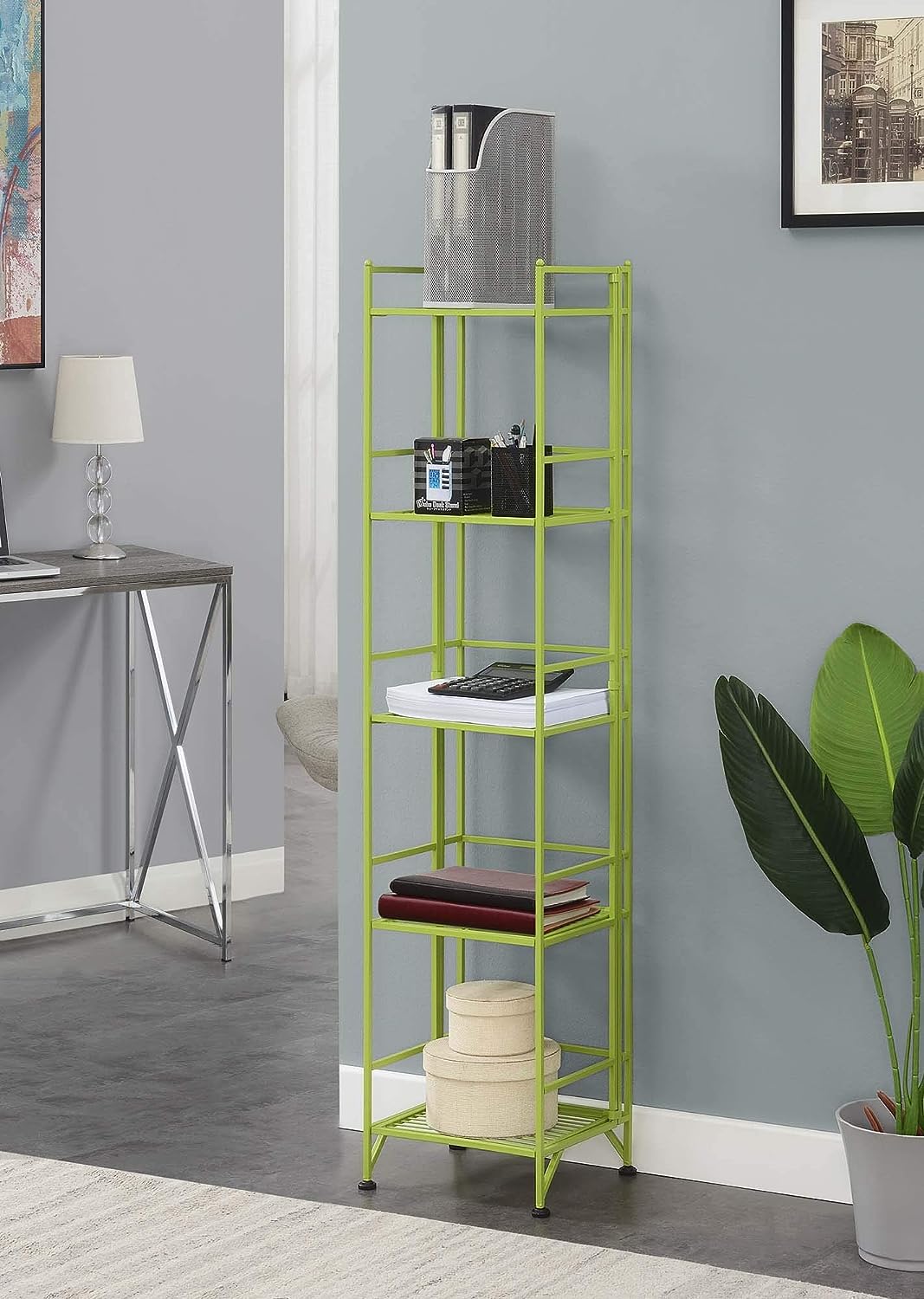 Convenience Concepts Xtra Storage Shelves - 5-Tier Folding Metal Shelving. Modern Shelves for Storage and Display in Living Room. Bathroom. Office. Kitchen. Garage. Lime