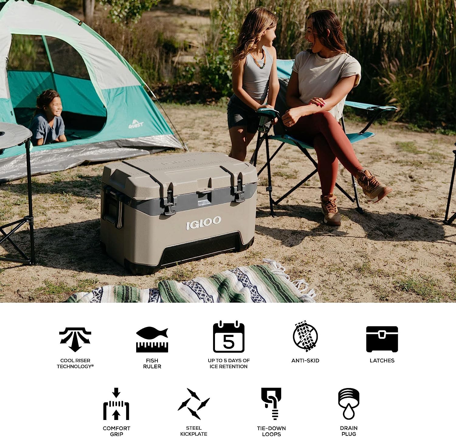 Igloo BMX 72 Quart Cooler with Cool Riser Technology. Fish Ruler. and Tie-Down Points. Oil Green