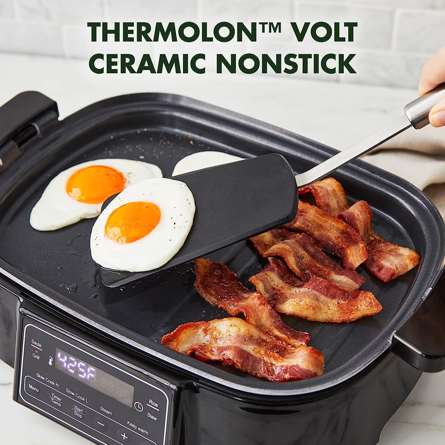 GreenPan 6.5QT Multi-Cooker Skillet Grill & Slow Cooker. 8-in-1 Presets to Saute.Steam. Grill. Stew.Slow Cook. Stir-Fry.Heat. & Cook Rice. Healthy Ceramic Nonstick & Dishwasher Safe Parts. Matte Black