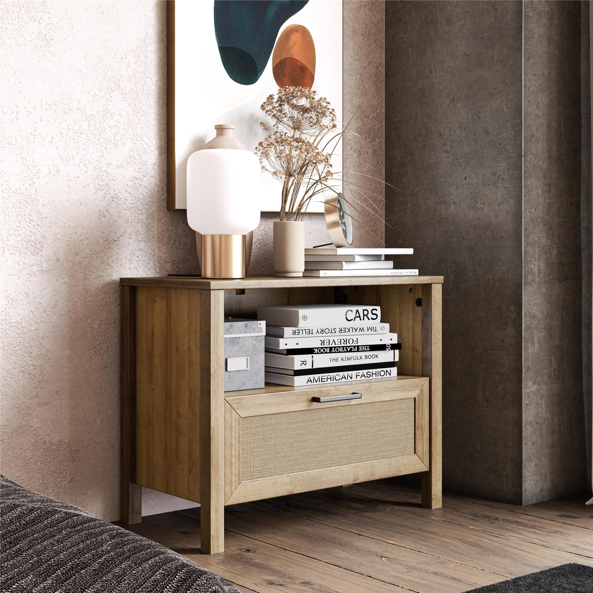 Queer Eye Wimberly 1 Drawer Nightstand. Natural with Faux Rattan