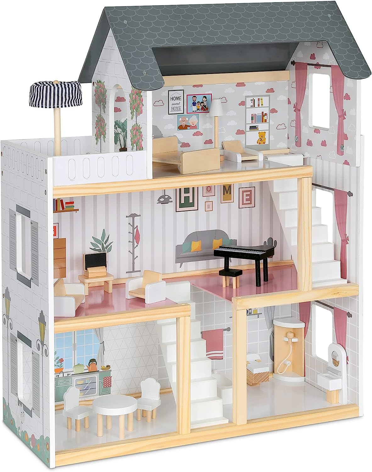 Lil' Jumbl Kids Wooden Dollhouse. 17-Piece Accessories & Furniture are Included. with Balcony & Stairs. 3 Story Easy to Assemble Doll House Toy