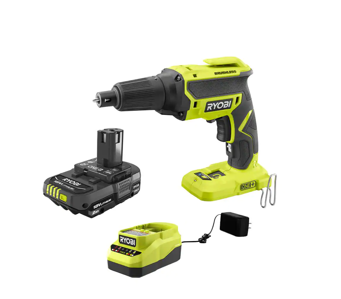 RYOBI P225-PSK005 ONE+ 18V Brushless Cordless Drywall Screw Gun with 2.0 Ah Battery and Charger