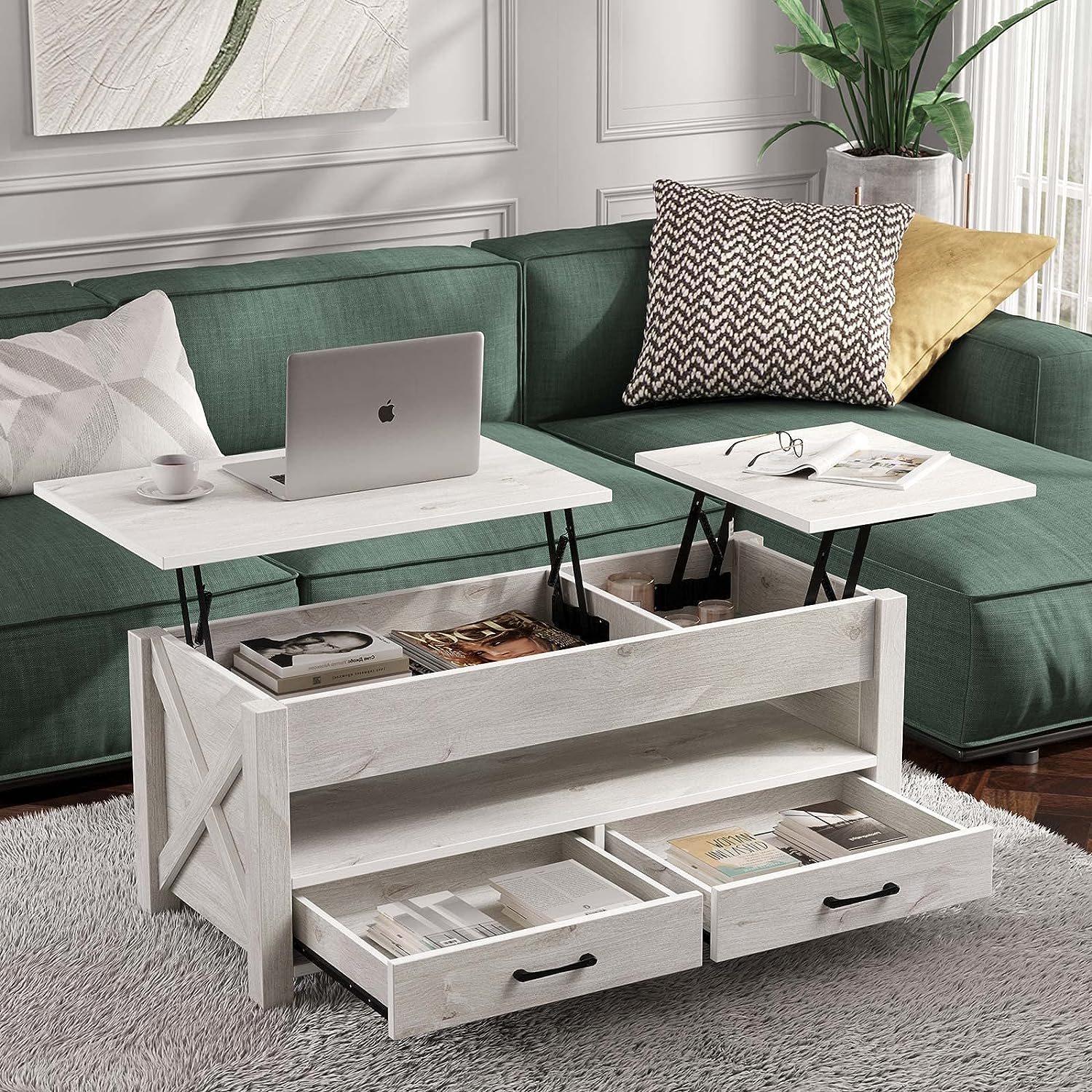 Seventable Coffee Table. 47.2″ Lift Top Coffee Table with 2 Storage Drawers and Hidden Compartment. Retro Center Table with Wooden Lift Tabletop for Living Room. Gray