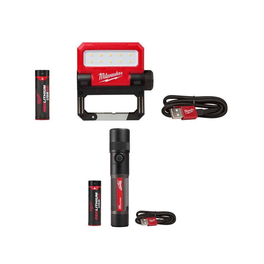 Milwaukee 2114-21-2161-21 550 Lumens LED Rechargeable Pivoting Flood Light & 1100 Lumens LED USB Rechargeable Twist Focus Flashlight (2-Pack)