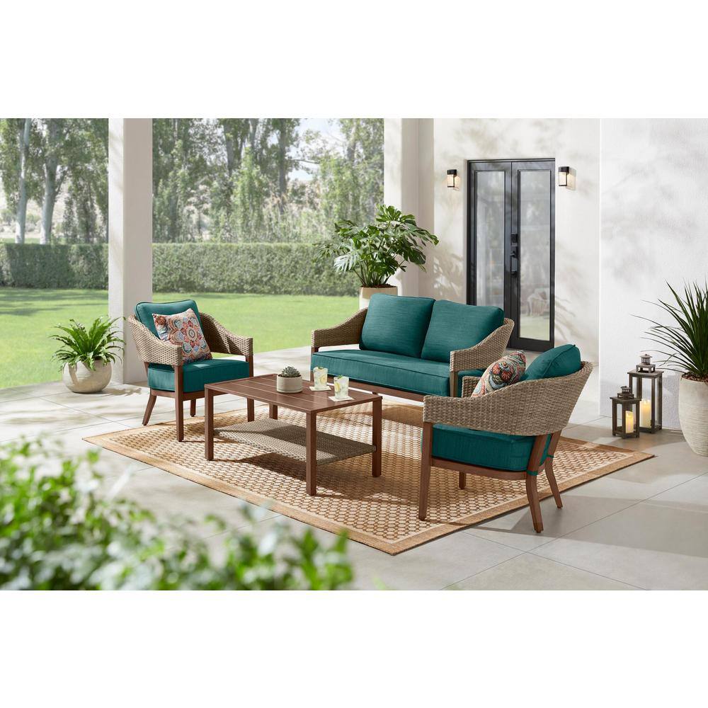 Hampton Bay  Leighton Park 4-Piece Wicker Patio Conversation Set with CushionGuard Malachite Green Cushions