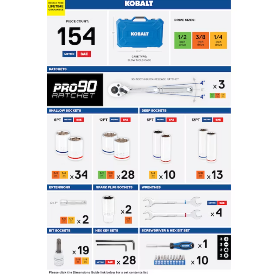 Kobalt 154-Piece Standard (SAE) and Metric Polished Chrome Mechanics Tool Set with Hard Case