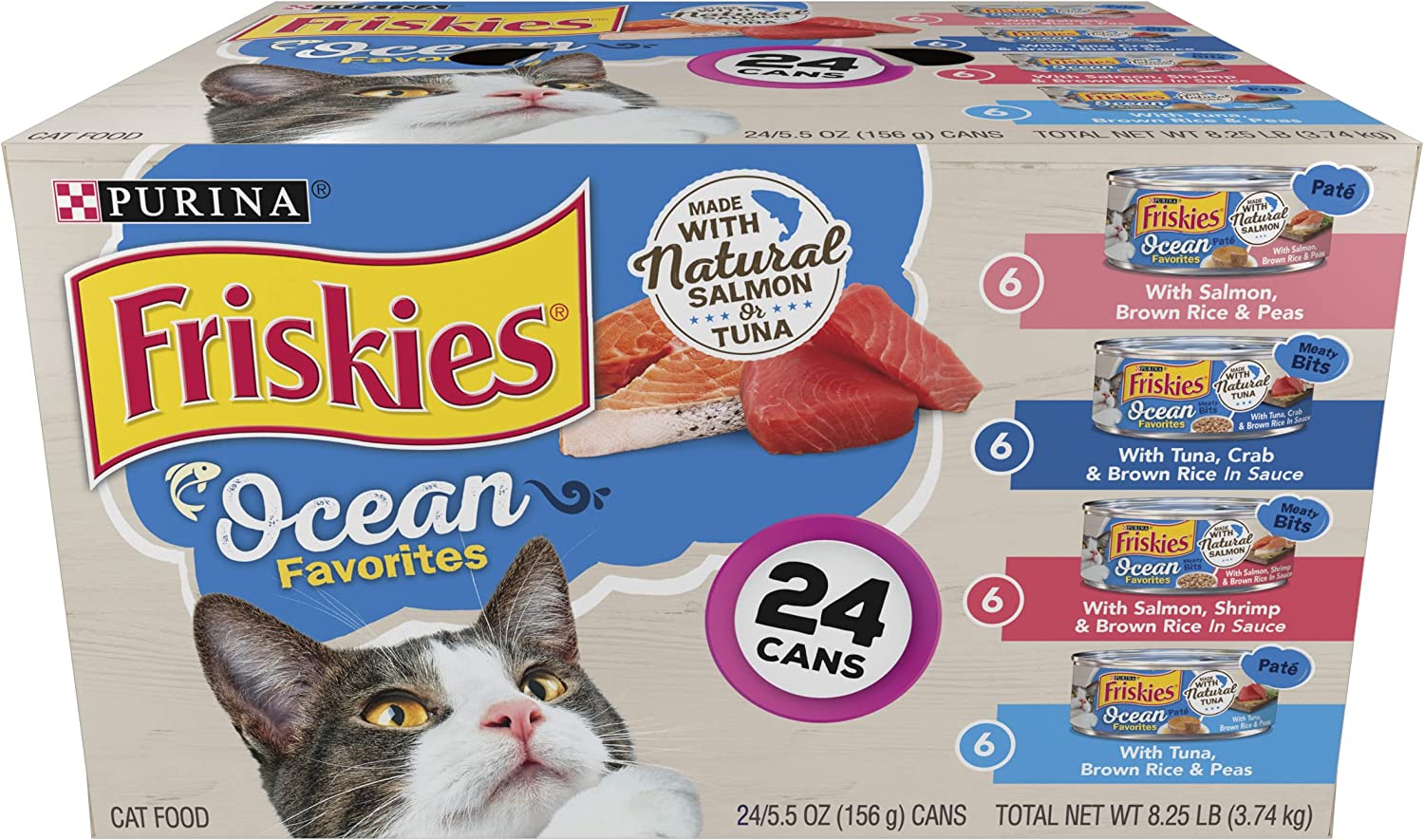 Purina Friskies Ocean Favorites Wet Cat Food Pate and Meaty Bits Variety Pack with Salmon and Tuna - (24) 5.5 oz. Cans