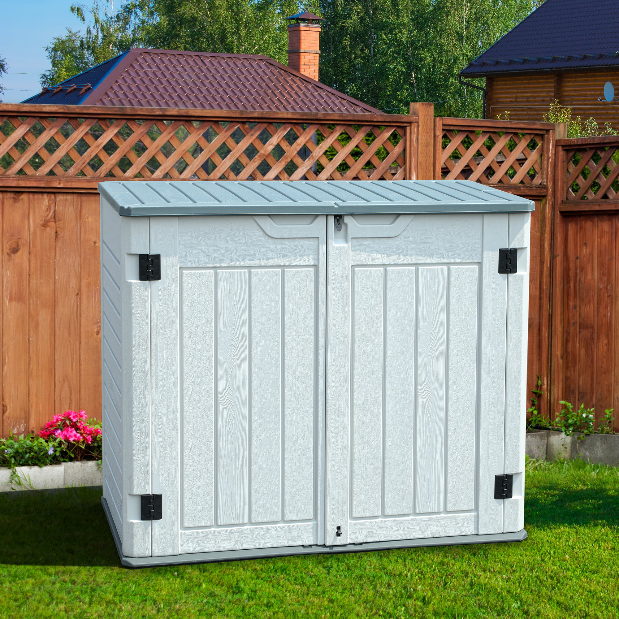 YITAHOME 27 cu ft Outdoor Horizontal Storage Sheds. Weather Resistant Resin Tool Shed. Multi-Opening Door for Easy Storage of Bike. Trash Cans. Garden Tools. Lawn Mowers. Waterproof. Lockable
