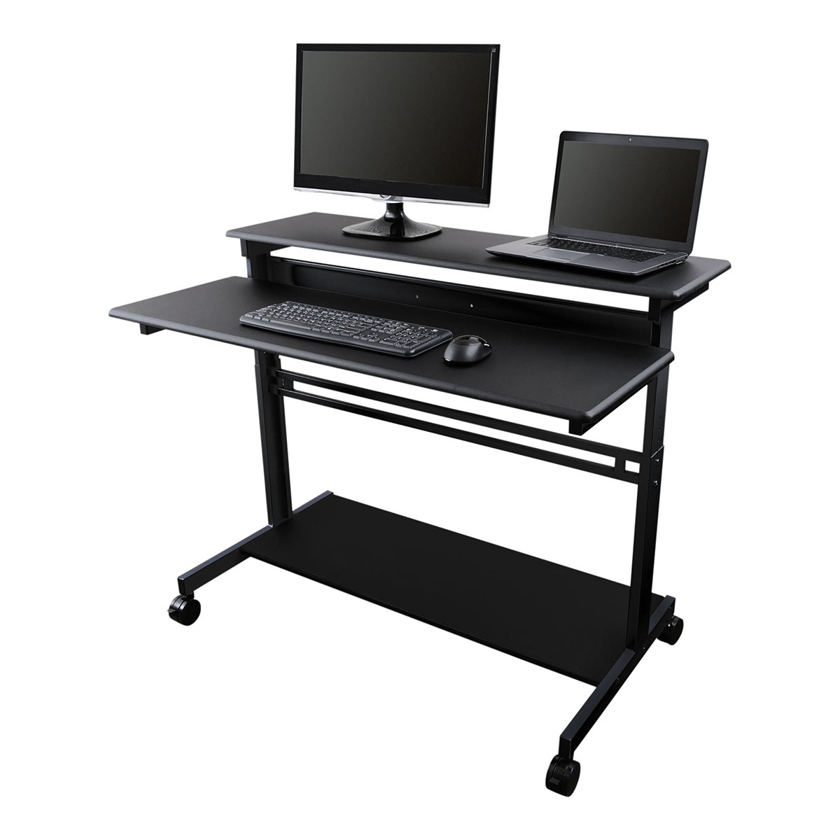 Stand Up Desk Store Rolling Adjustable Height Two Tier Standing Desk Computer Workstation (Black Frame/Black Top. 48″ Wide)