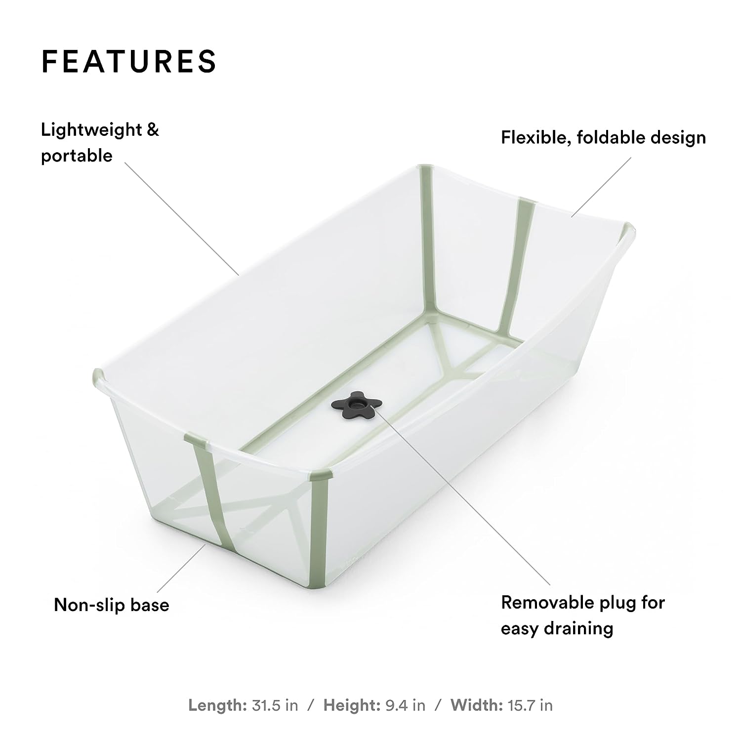 Stokke Flexi Bath X-Large. Transparent Green - Spacious Foldable Baby Bathtub - Lightweight & Easy to Store - Convenient to Use at Home or Traveling - Best for Ages 0-6
