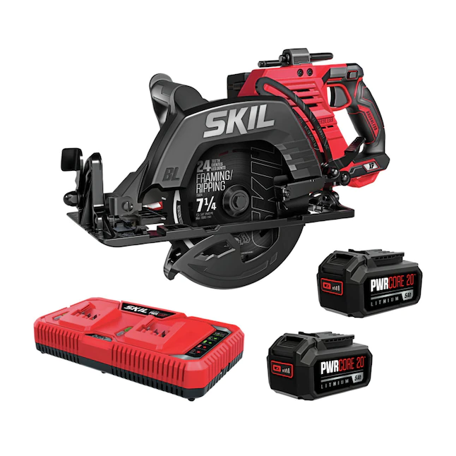 SKIL CR5429B-20 2x20V PWR CORE 20 XP Brushless 7-1/4″ Rear Handle Circular Saw Kit Includes Two 5.0Ah Batteries and Dual Port Auto PWR JUMP Charger. Red