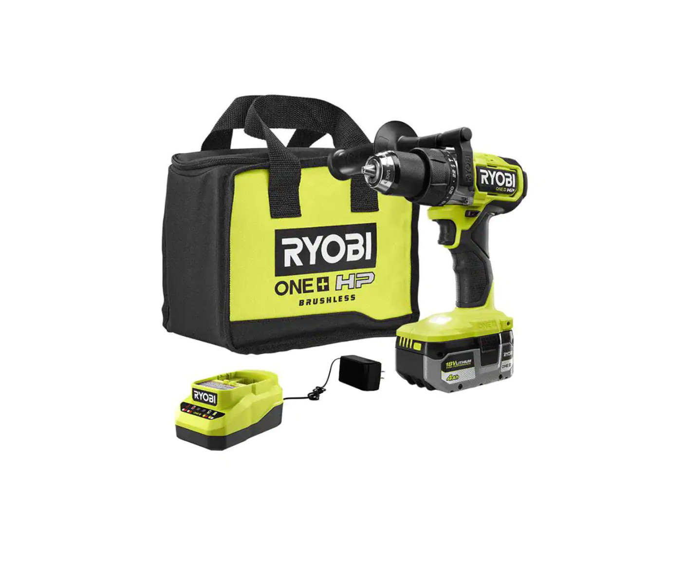 RYOBI PBLHM101K ONE+ HP 18V Brushless Cordless 1/2 in. Hammer Drill Kit with (1) 4.0 Ah High Performance Battery. Charger. and Tool Bag