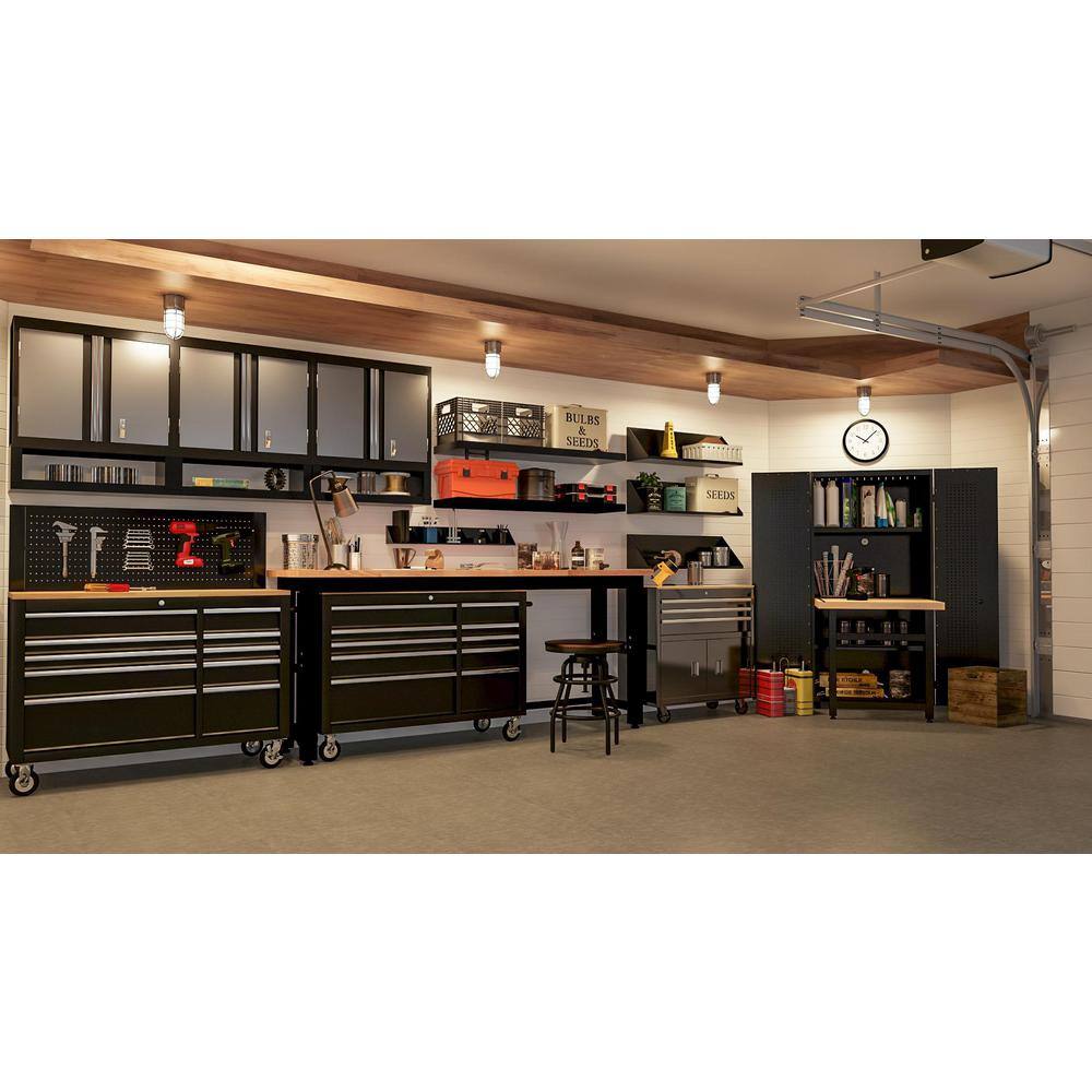 Husky G9600-US1 8 ft. Adjustable Height Solid Wood Top Workbench in Black for Ready to Assemble Steel Garage Storage System