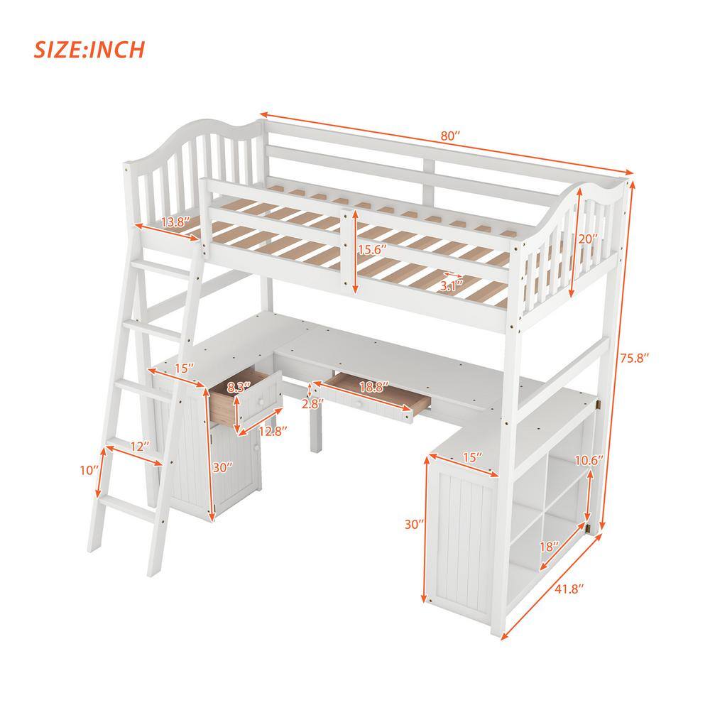 Harper & Bright Designs  White Twin Size Wooden Loft Bed with Drawers. Cabinet. Shelves and Desk