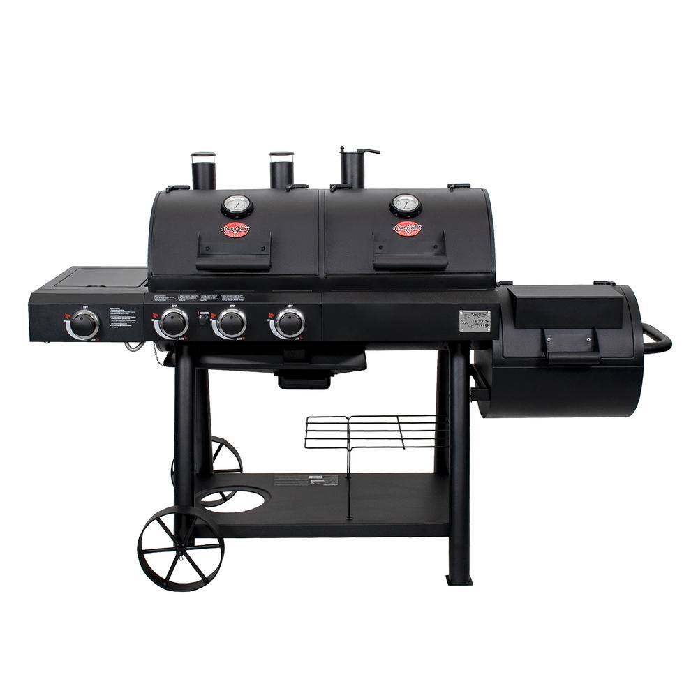 Char-Griller 3070 Texas Trio 4-Burner Dual Fuel Grill with Smoker in Black