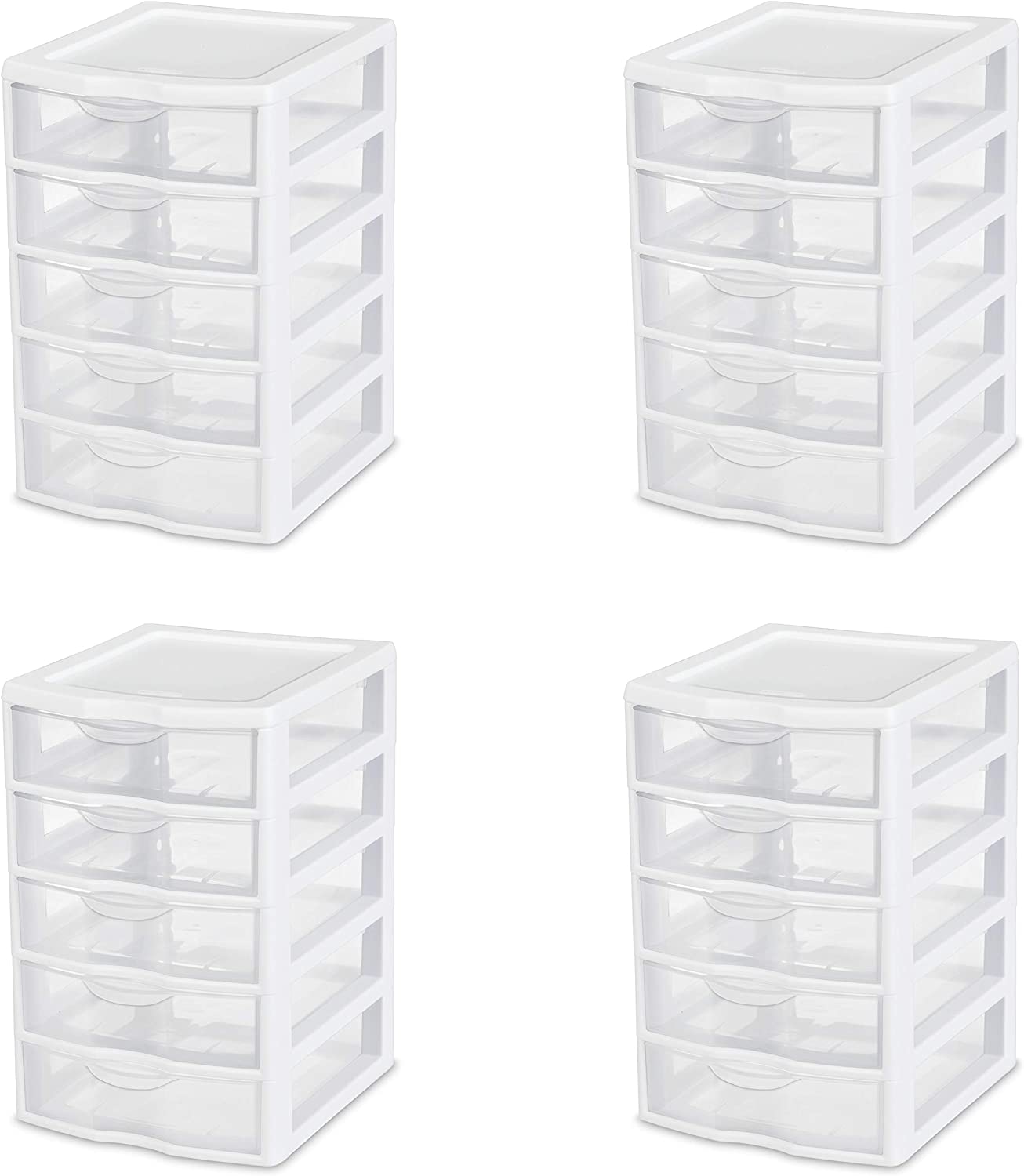 Sterilite 20758004 Small 5 Drawer Unit. White Frame with Clear Drawers. 4-Pack