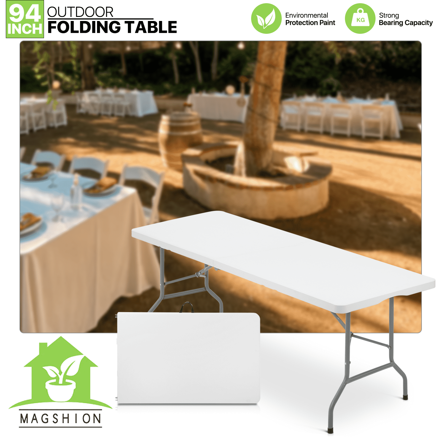 Magshion 8Ft Foldable Heavy Duty Table. Indoor Outdoor Portable Plastic Picnic Desk w/Steel Legs and Handle. White
