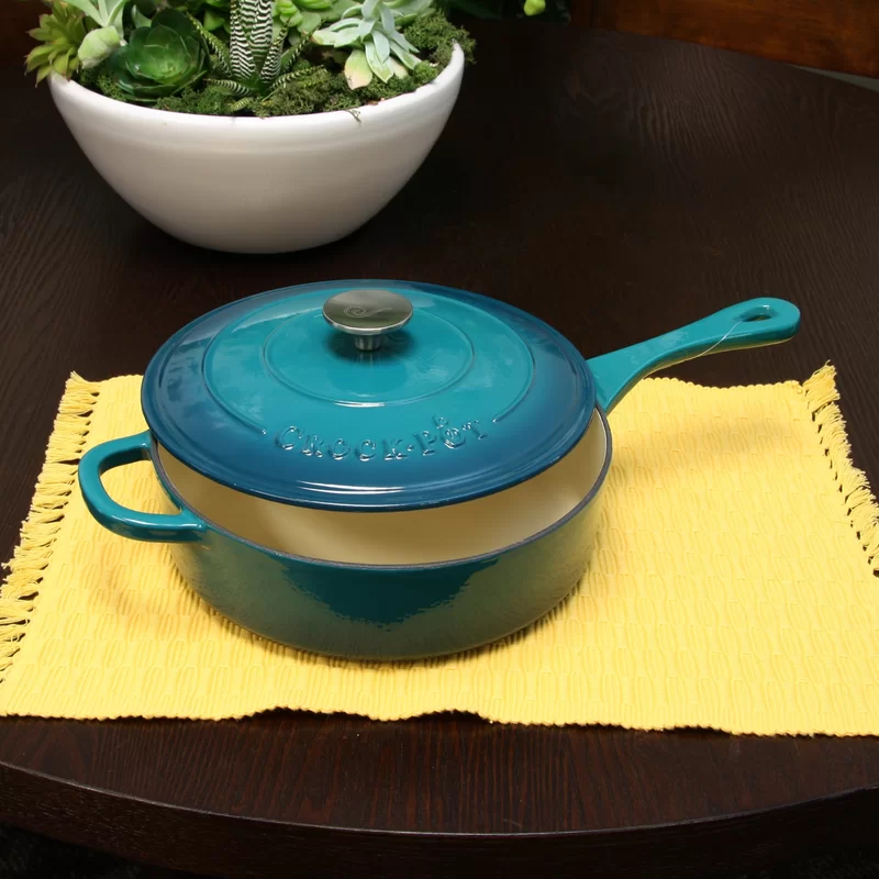 Crock Pot Artisan 3.5 Quart Enameled Cast Iron Deep Sauté Pan. Teal Ombre