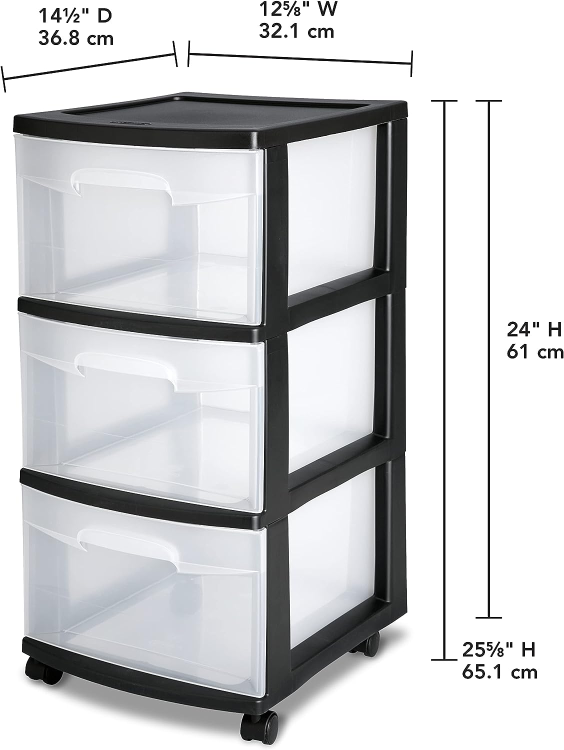 Sterilite 28309002 3 Drawer Cart. Black Frame with Clear Drawers and Black Casters. 2-Pack