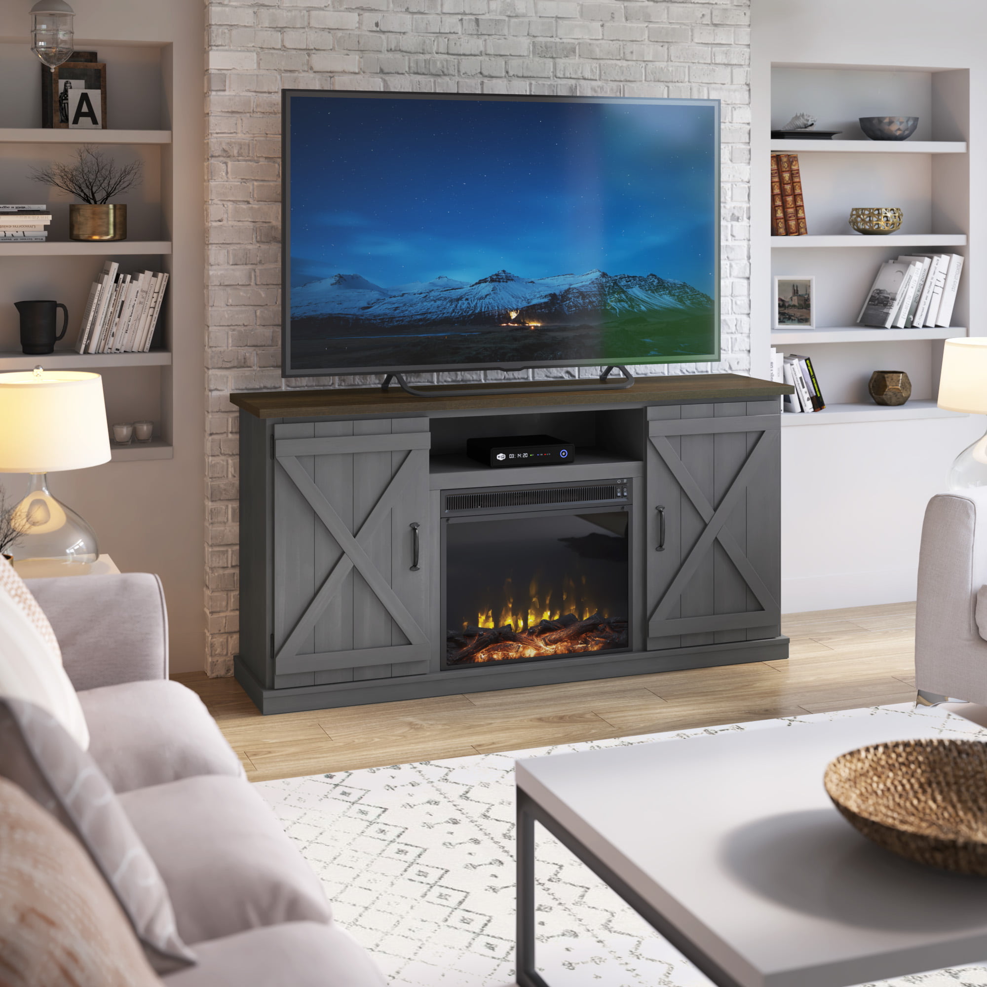 Twin Star Home Barn Door TV Stand for TVs up to 70 inches with ClassicFlame Electric Fireplace. Antique Gray