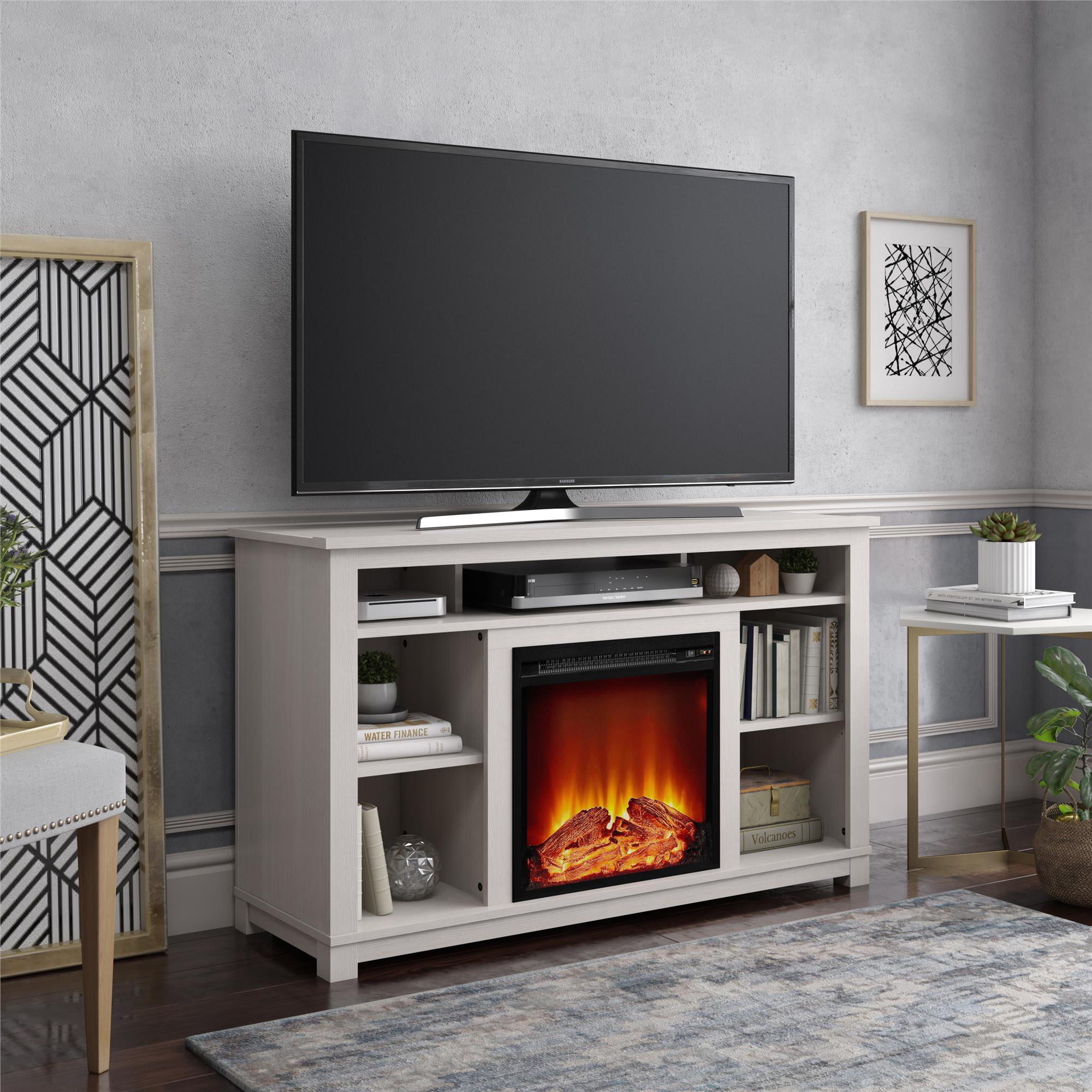 Ameriwood Home Kahle Fireplace TV Stand for TVs up to 55″. Ivory Pine