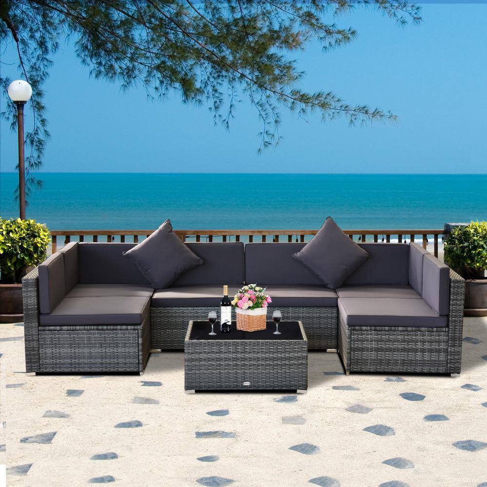 Outsunny  Patio Life Ash Grey 7-Pieces Steel Plastic Rattan Patio Conversation Set with Grey Cushions
