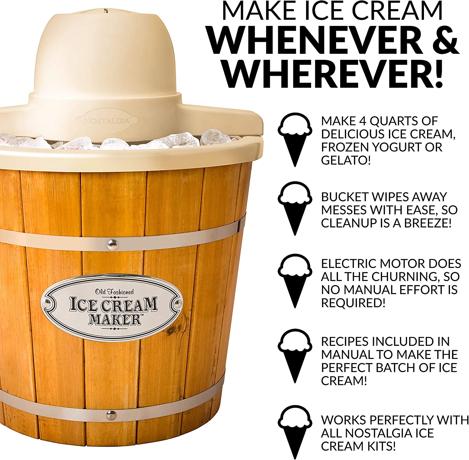 Nostalgia Electric Ice Cream Maker - Old Fashioned Soft Serve Ice Cream Machine Makes Frozen Yogurt or Gelato in Minutes - Fun Kitchen Appliance - Vintage Wooden Style - Light Wood - 4 Quart