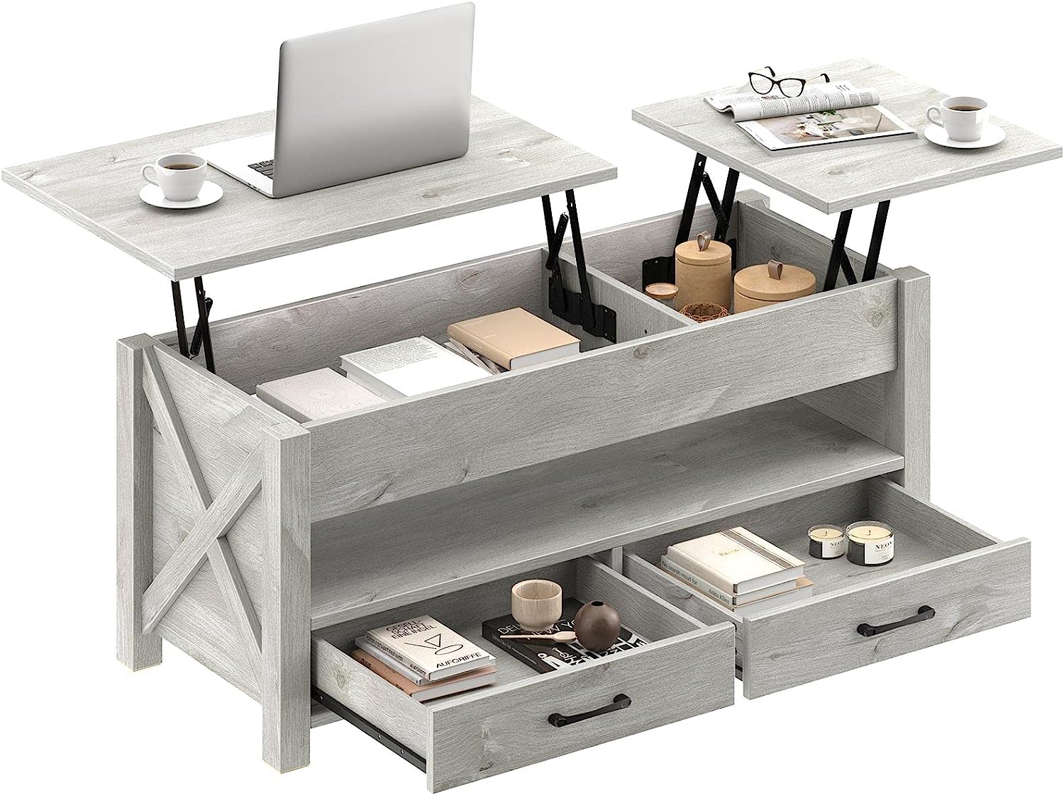 Seventable Coffee Table. 47.2″ Lift Top Coffee Table with 2 Storage Drawers and Hidden Compartment. Retro Center Table with Wooden Lift Tabletop for Living Room. Gray