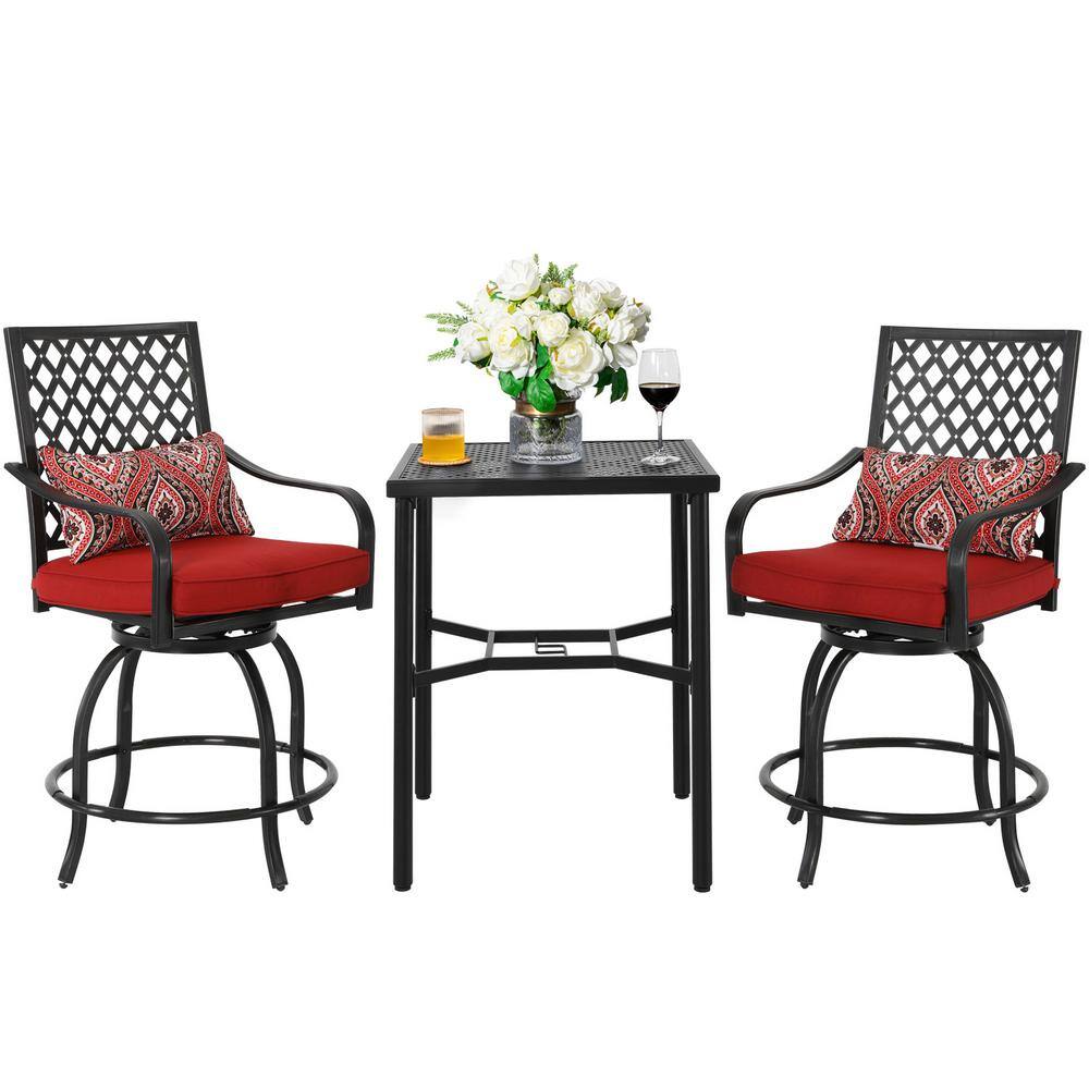 Nuu Garden  3-Piece Patio Swivel Bistro Set Outdoor Balcony Furniture Set with Red Cushions