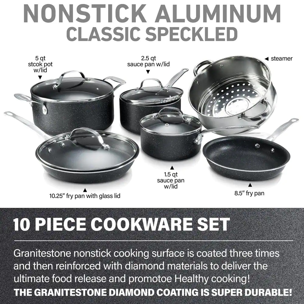 GRANITESTONE 2228 10-Piece Aluminum Ultra-Durable Non-Stick Diamond Infused Cookware Set with Glass Lids