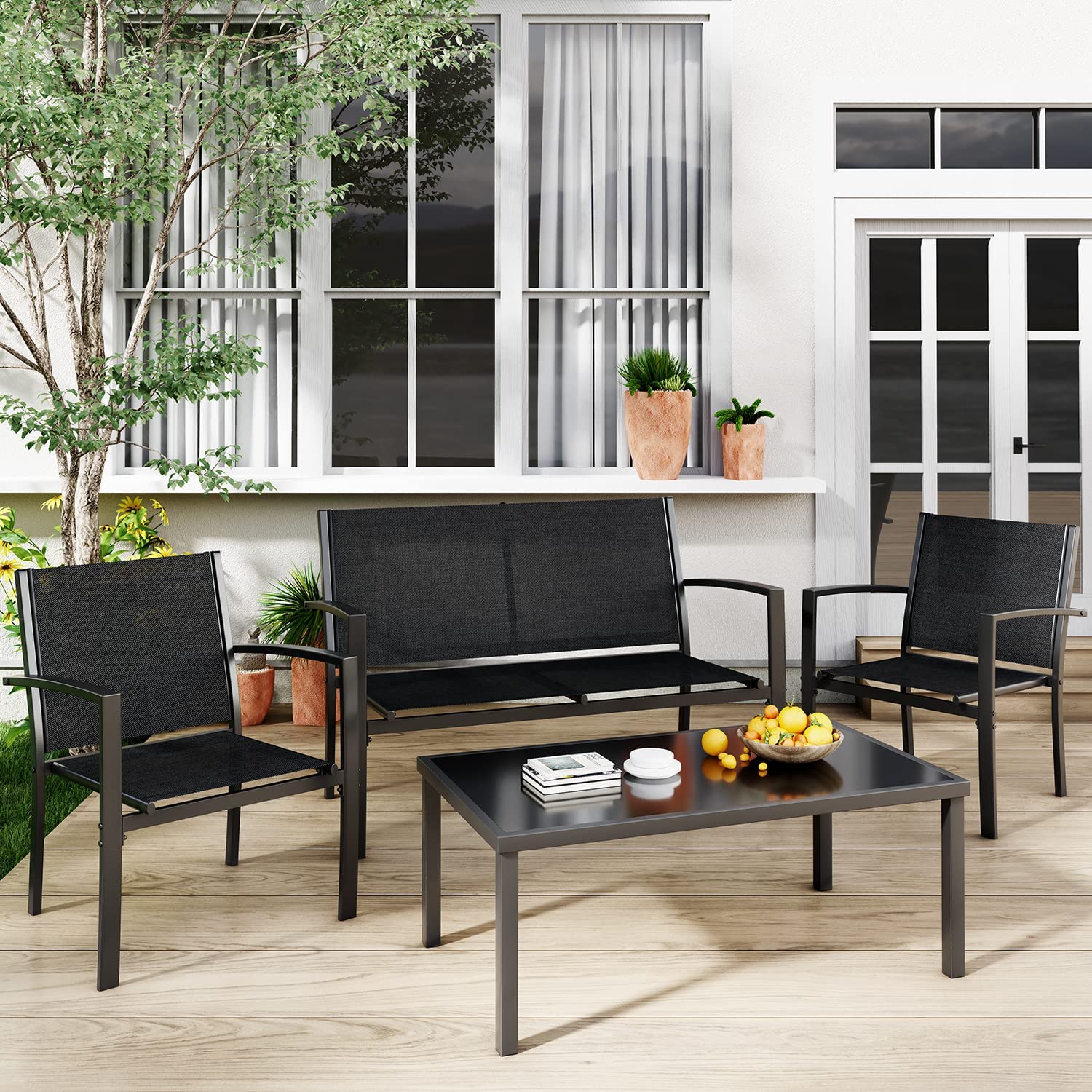 Greesum 4 Pieces Patio Furniture Set. Outdoor Conversation Sets for Patio. Lawn. Garden. Poolside with A Glass Coffee Table. Black