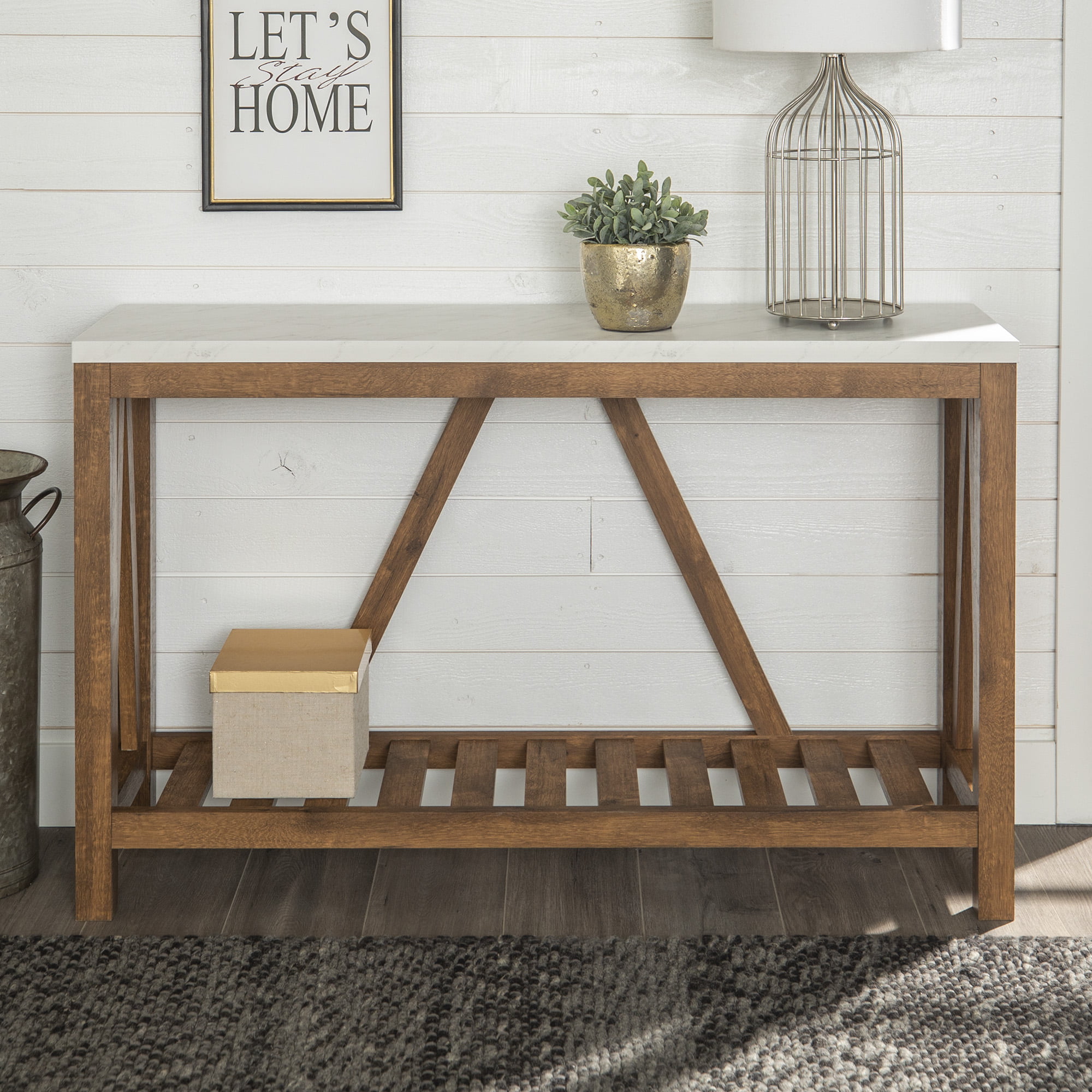 Manor Park Modern Farmhouse Faux Marble and Walnut Entryway Table. Faux White Marble/Walnut