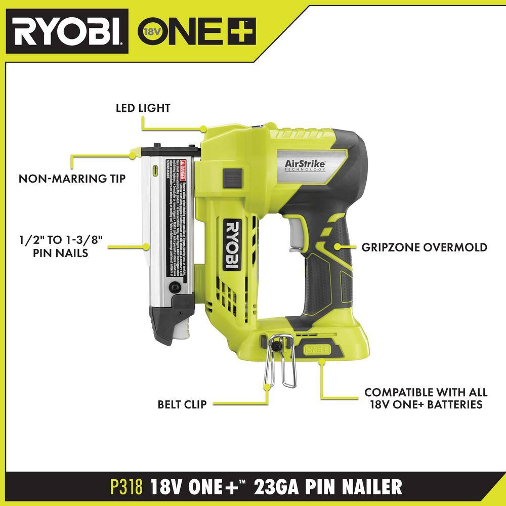 RYOBI P318 ONE+ 18V Cordless AirStrike 23-Gauge 1-3/8 in. Headless Pin Nailer (Tool Only)