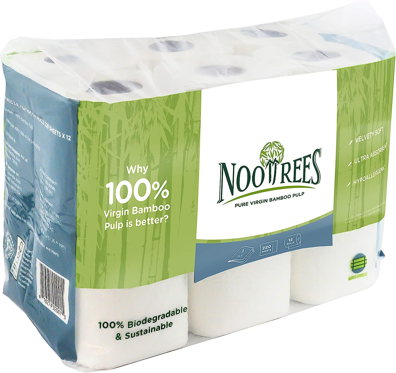 NooTrees Bamboo 3 Ply Bathroom Tissue. 220 Sheets. 12 Rolls. Ecofriendly. Sustainable. Hypoallergenic. Ultra Absorbent Velvety Soft. FSC Certified (48 Rolls)