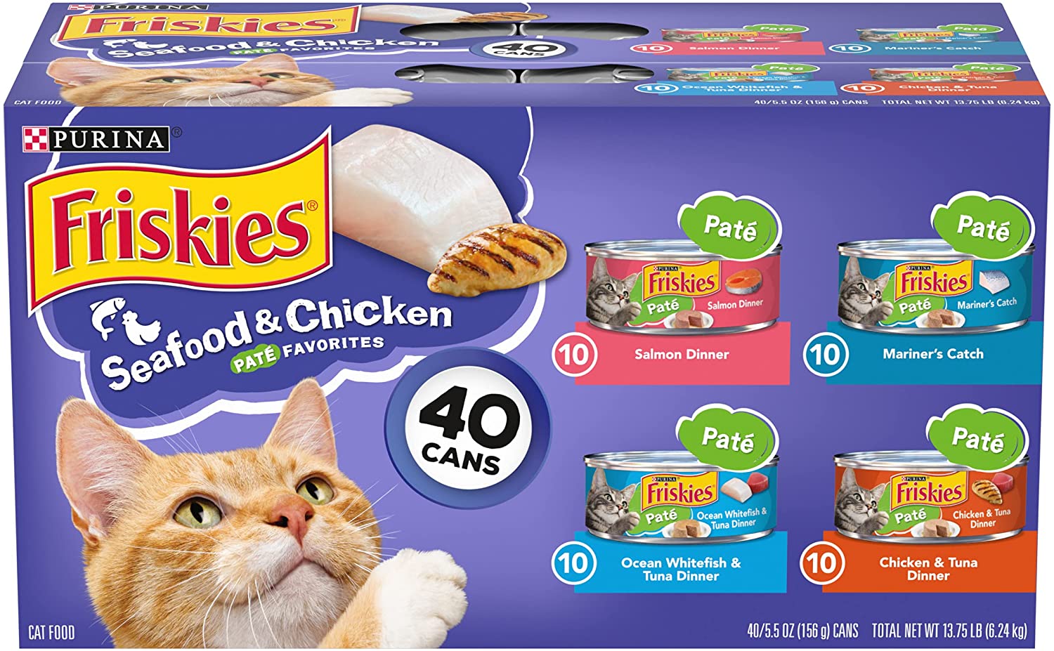 Purina Friskies Pate Wet Cat Food Variety Pack. Seafood & Chicken Pate Favorites - (40) 5.5 oz. Cans