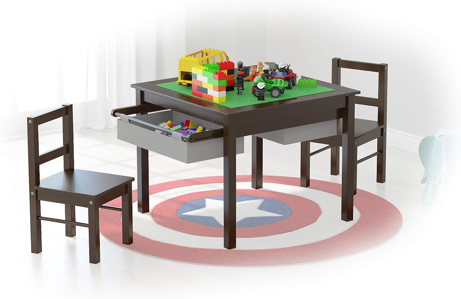 UTEX Wooden 2 in 1 Kids Construction Play Table and 2 Chairs Set with Storage Drawers. and Built in Plate Compatible with Lego and Duplo Bricks (Espresso with Grey Drawer)