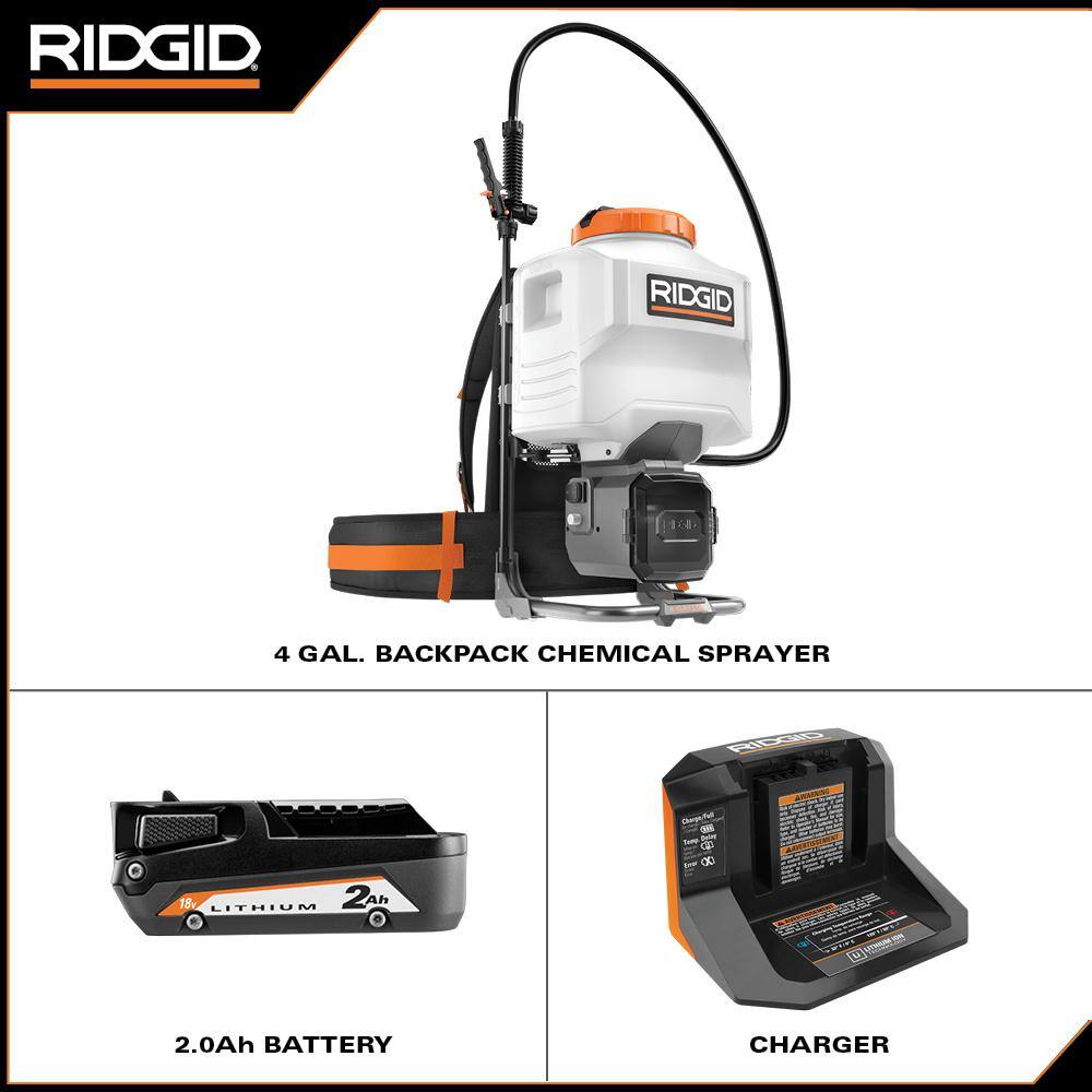 RIDGID R01501KVNM 18-Volt Cordless Battery 4 Gal. Backpack Chemical Sprayer with 2.0 Battery and Charger