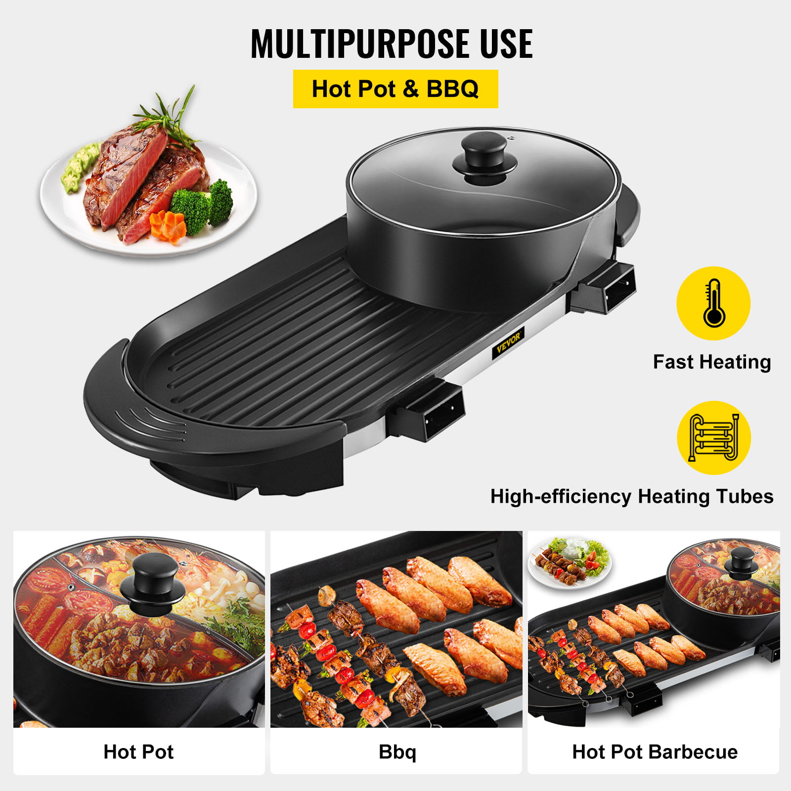 VEVOR 2 in 1 Electric Hot Pot and Grill. 2200W Separate Dual Temperature Control Electric Skillett. 5 Speed for Indoor Korean BBQ.Black