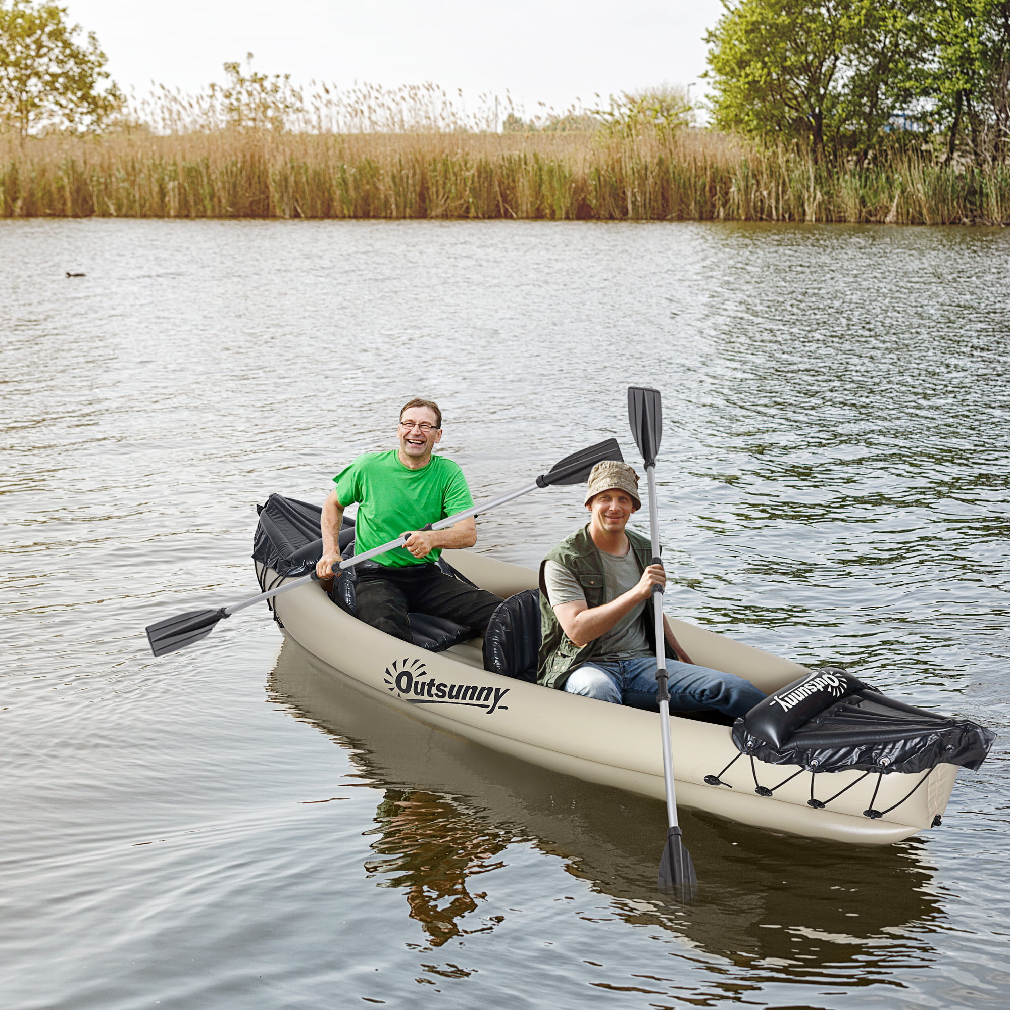 Outsunny 2 Person Inflatable Kayak. Includes Paddles. Repair Kit. Portable Tandem Blow Up Boat. Beige