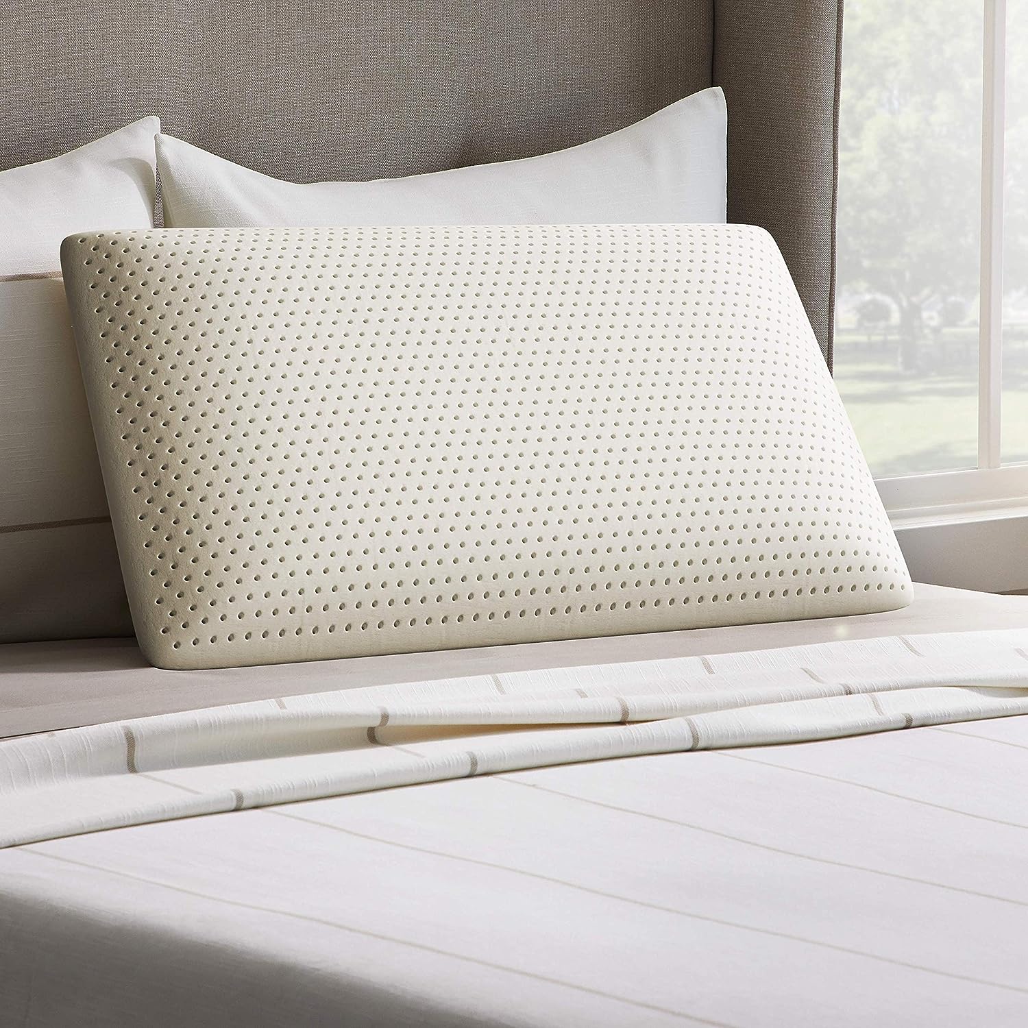 LUCID Talalay Latex Foam Pillow - Mid-Loft - Medium Plush Feel- Removable Cotton Cover. Dorm Room Essentials. Queen