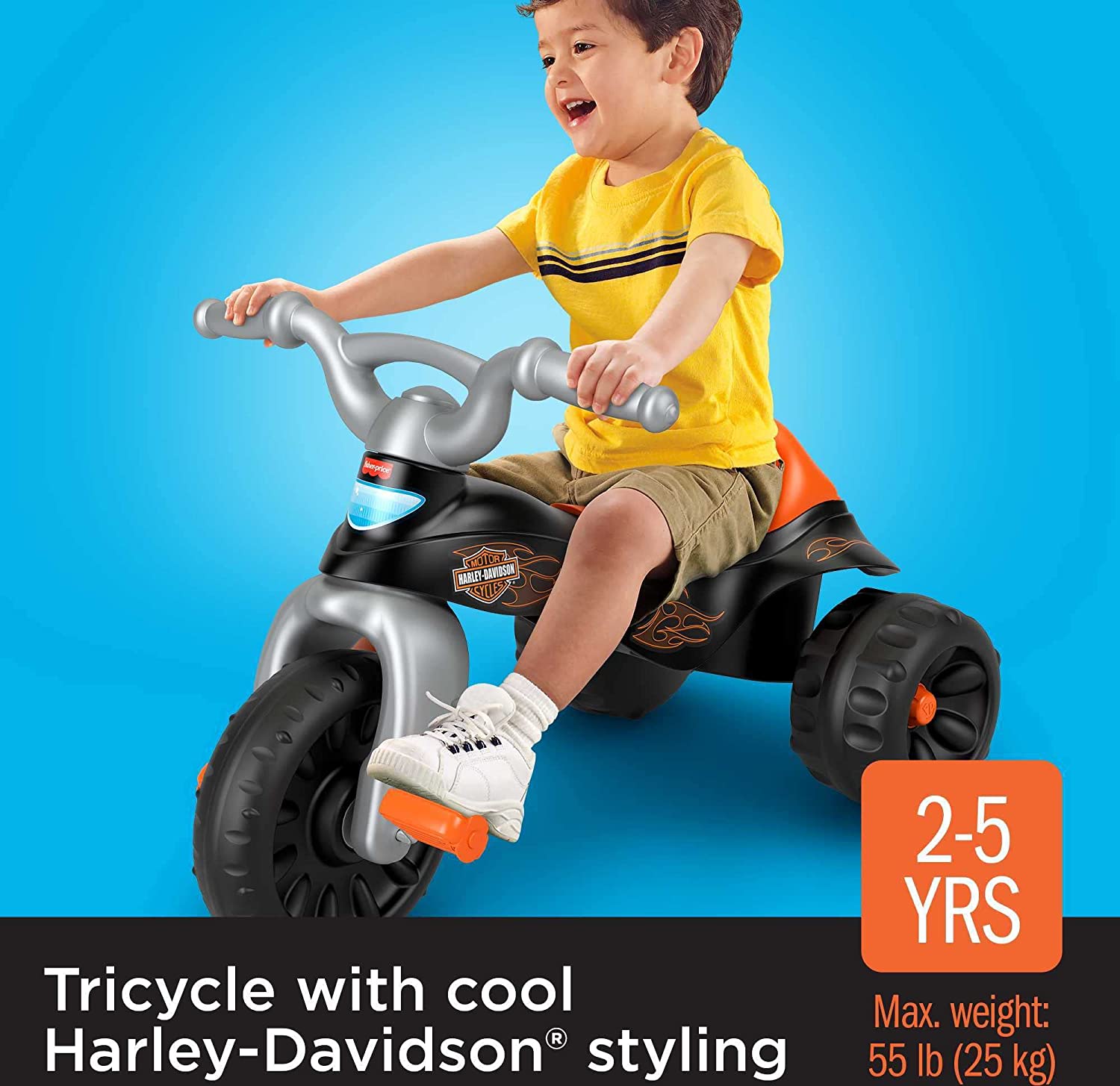 Fisher-Price Harley-Davidson Tricycle with Handlebar Grips and Storage Area. Multi-Terrain Tires. Tough Trike