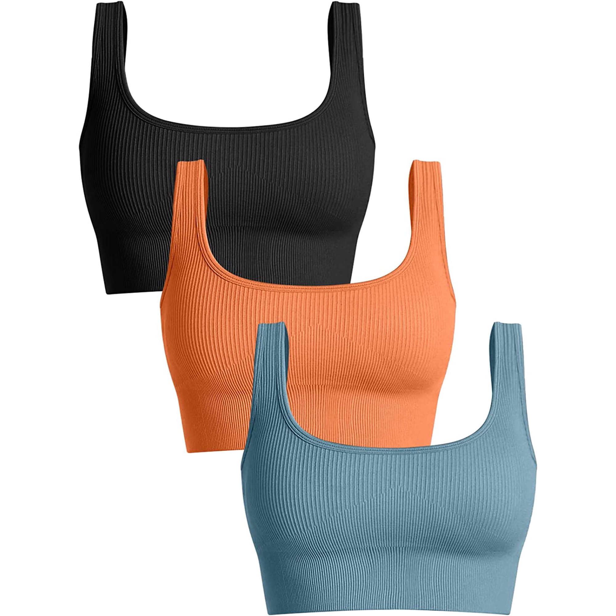 OQQ Women-s 3 Piece Medium Support Tank Top Ribbed Seamless Removable Cups Workout Exercise Sport Bra. Size S (Black Orange Blue)