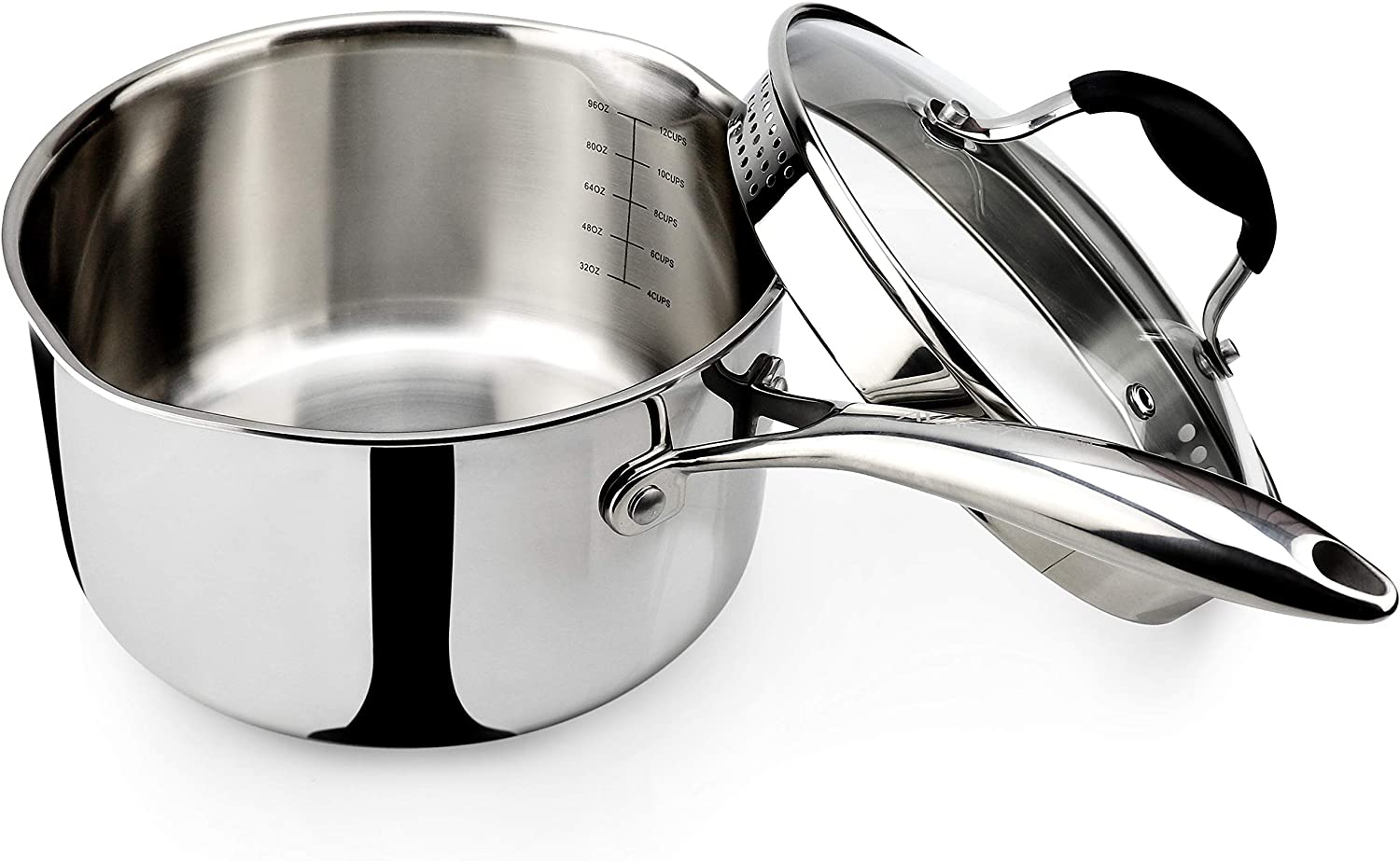 AVACRAFT Tri-Ply Stainless Steel Saucepan with Glass Strainer Lid. Two Side Spouts. Multipurpose Sauce Pan with Lid. Sauce Pot. Cooking Pot (Tri-Ply Full Body. 3.5 Quart)