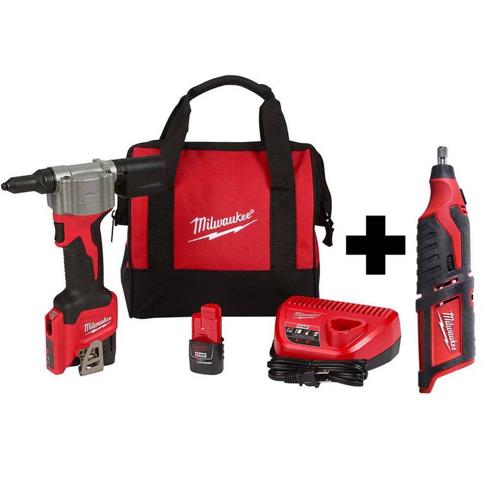 Milwaukee 2550-22-2460-20 M12 12-Volt Lithium-Ion Cordless Rivet Tool Kit with (2) 1.5Ah Batteries and Charger and M12 Rotary Tool