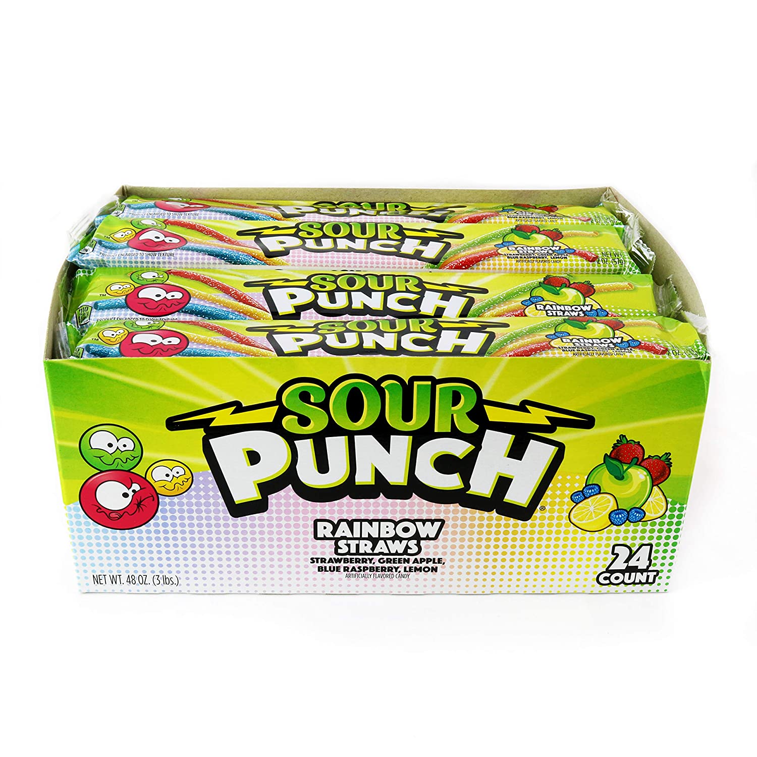 Sour Punch Straws. Rainbow Fruit Flavors. Chewy Sweet & Sour Candy. 2oz Tray (24 Pack)