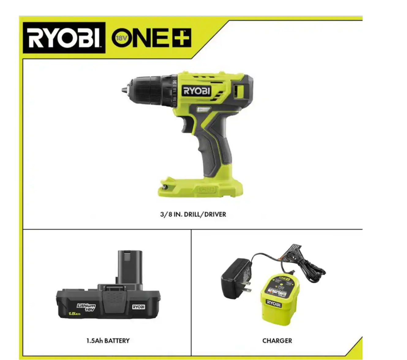 RYOBI PDD209K-A989504 ONE+ 18V Cordless 3/8 in. Drill/Driver Kit with 1.5 Ah Battery. Charger. and Drill and Drive Kit (95-Piece)